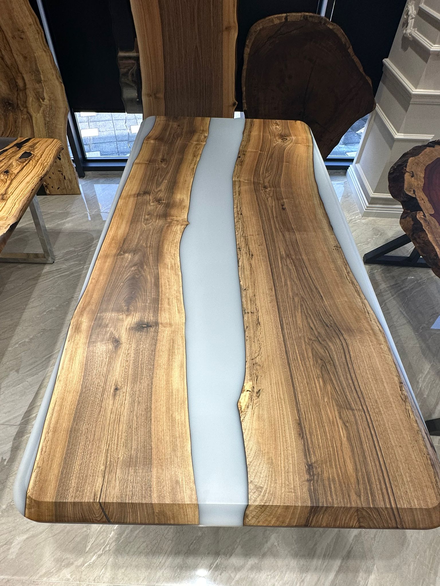 Picture of Ready to Ship 98'' x 47'' Walnut Wood Epoxy Dining Table 