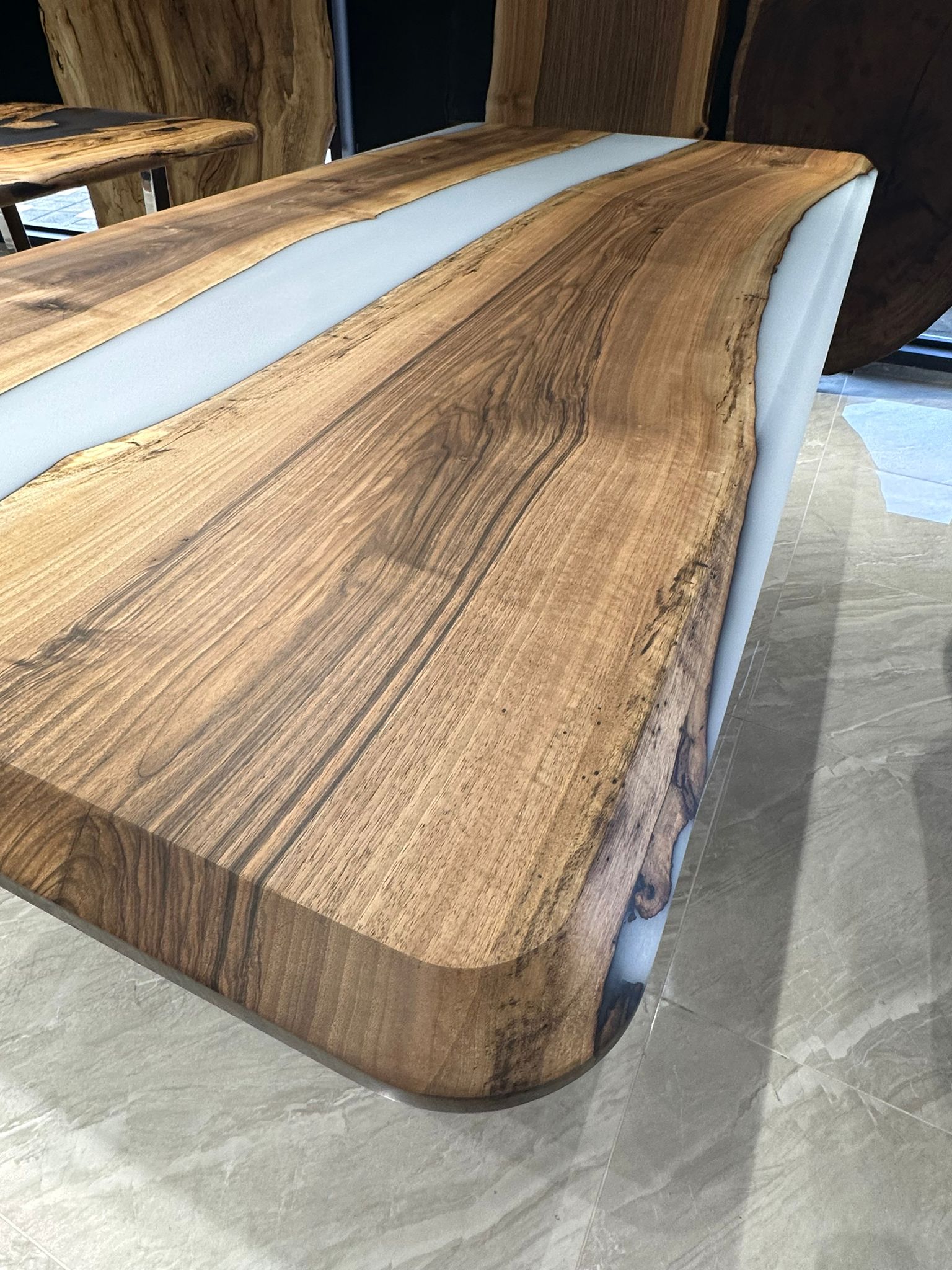 Picture of Ready to Ship 98'' x 47'' Walnut Wood Epoxy Dining Table 