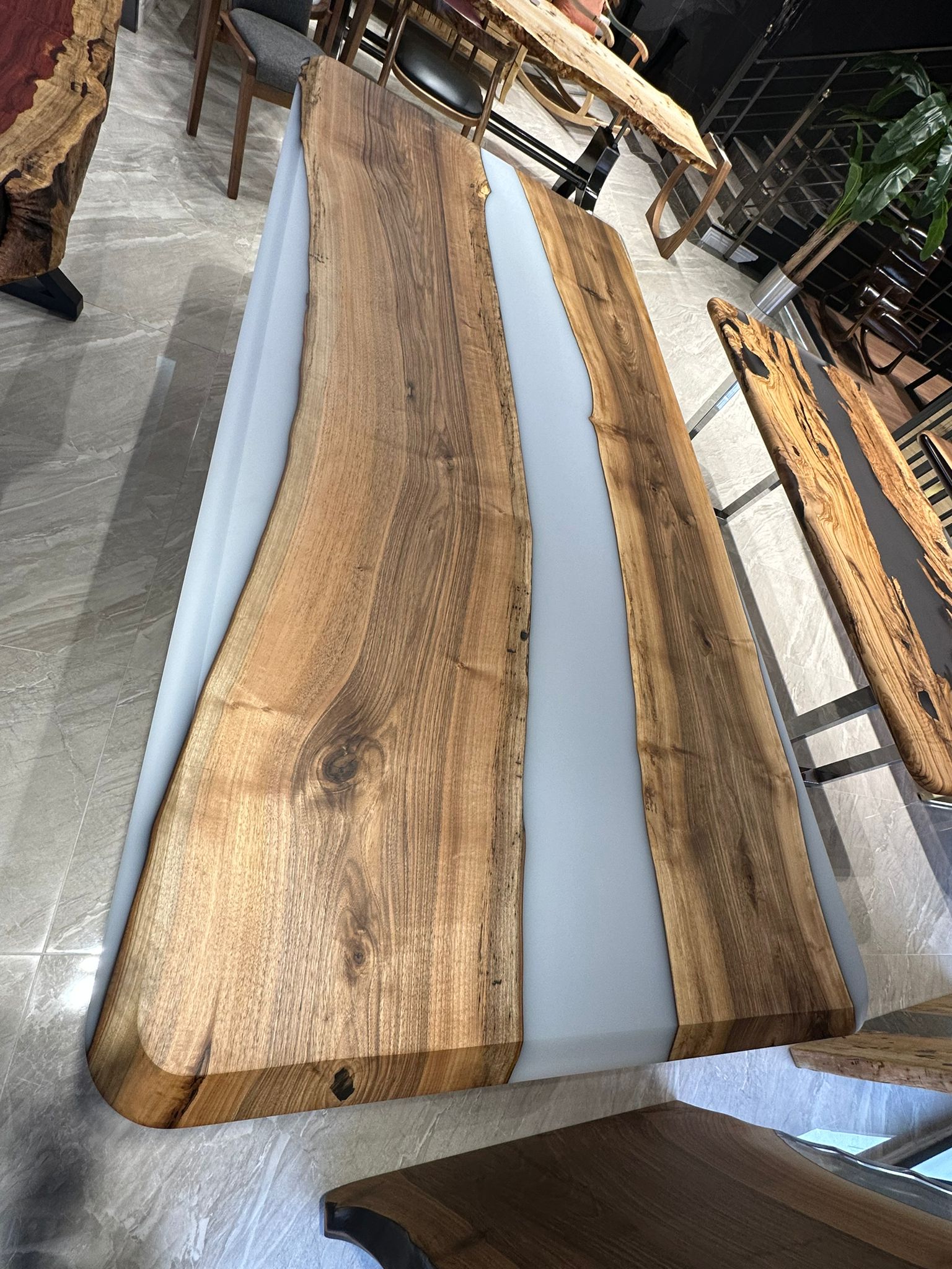 Picture of Ready to Ship 98'' x 47'' Walnut Wood Epoxy Dining Table 